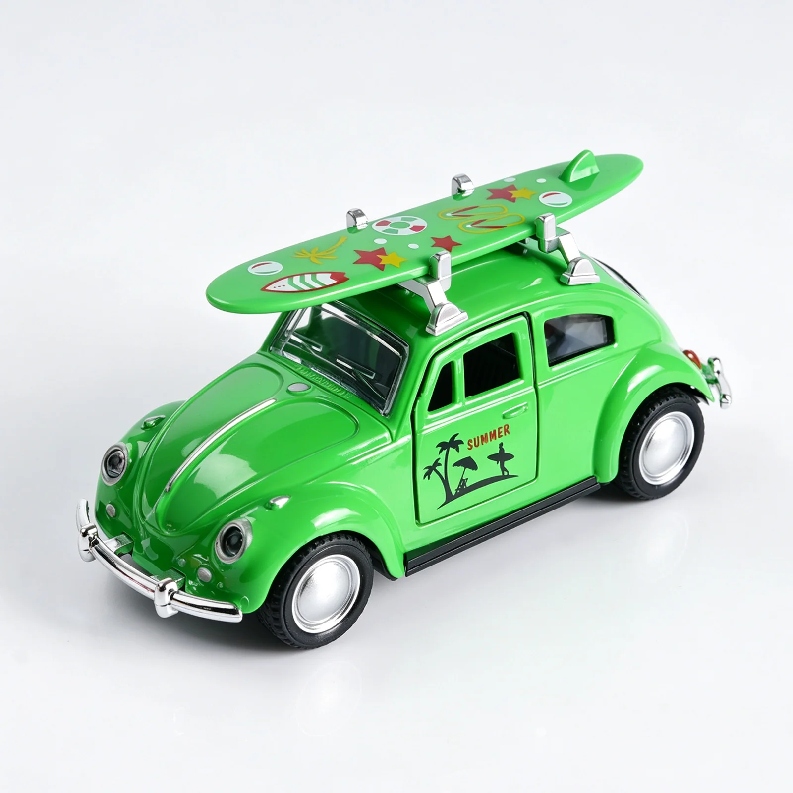 Retro Green Beetle Diecast Car, 1:36 Scale Alloy Pull-Back Model with Surfboard, Open Doors, Summer Beach Toy for Kids