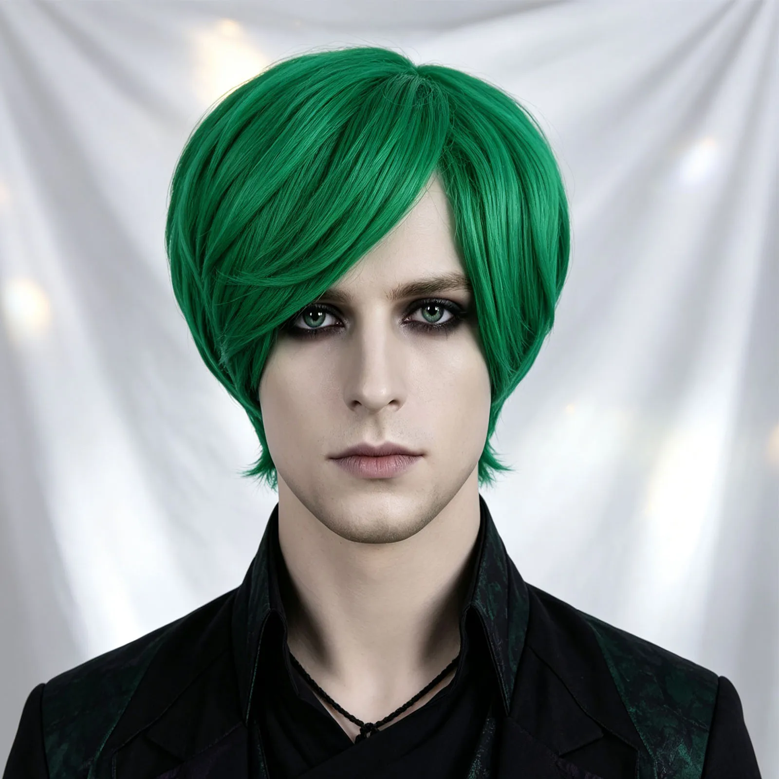 Men Green Short Straight Synthetic Wig Side Bangs Full Head Wig Heat Resistant Fiber For Halloween Carnival Cosplay