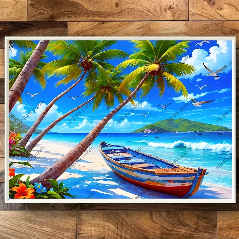 2000/1500/1000/500 قطعة أحجية الصور المقطوعة الخشبية للشاطئ الاستوائي للبالغين - أشجار النخيل النابضة بالحياة والقارب ومشهد المحيط، خشب ممتاز