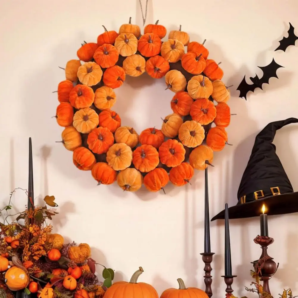 Fall Thanksgiving Velvet Pumpkin Wreath Door Hanger Rustic Autumn Harvest Garland Entryway Window Farmhouse Home Decor Gift