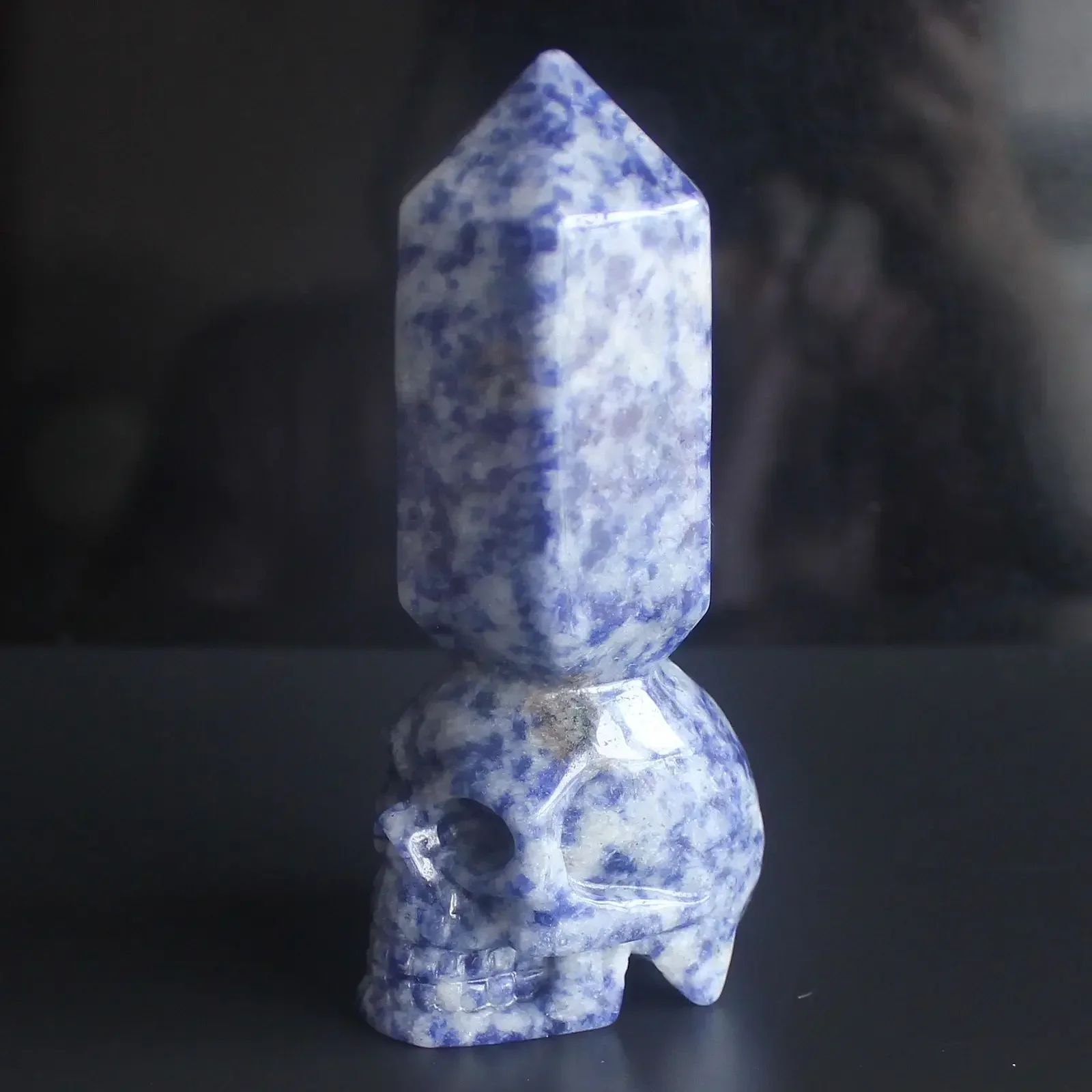 

Hand Carved Blue spot Jasper Hexagonal Point Wand Skull Figurine statue Carving office home decor