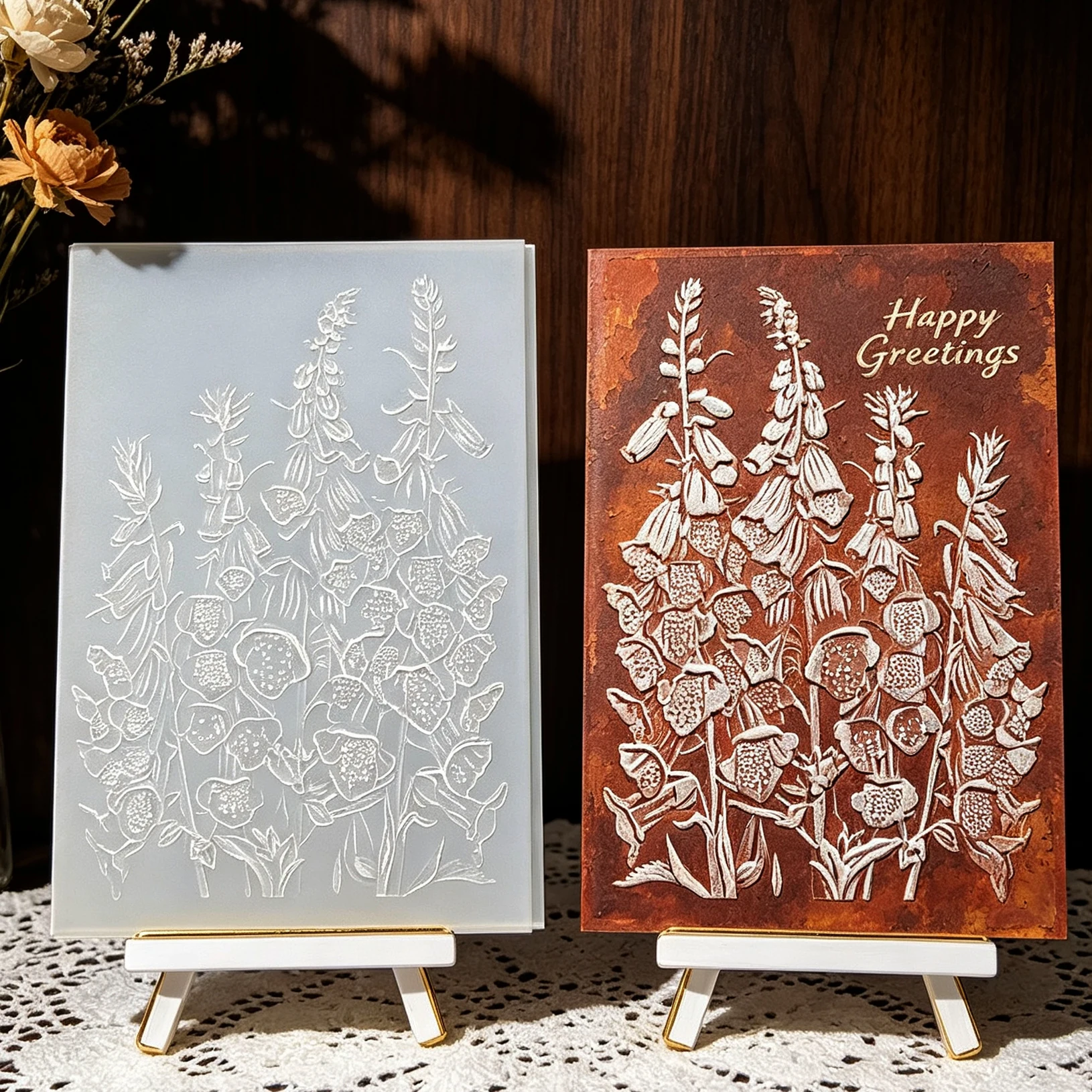 Spring Wind Chime Grass Embossed Template Full Board Hairy Rehmannia Flower Bouquet Pattern Handmade Account Card Embossed Board