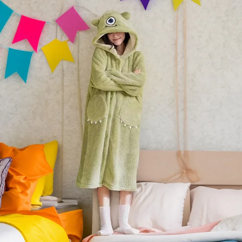 Nightgown Winter Flannel Nightgown for Women Monsters University Mike Mr.Q Kawaii Hooded Home Wear Robes for Women Sleepwear