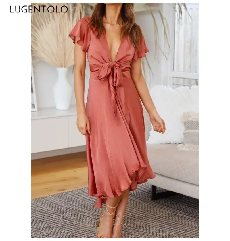 

Женское сексуальное платье с v-образным вырезом и коротким рукавом, новое летнее нерегулярное тонкое женское элегантное платье на шнуровке с большими качелями, однотонная модная длинная ткань