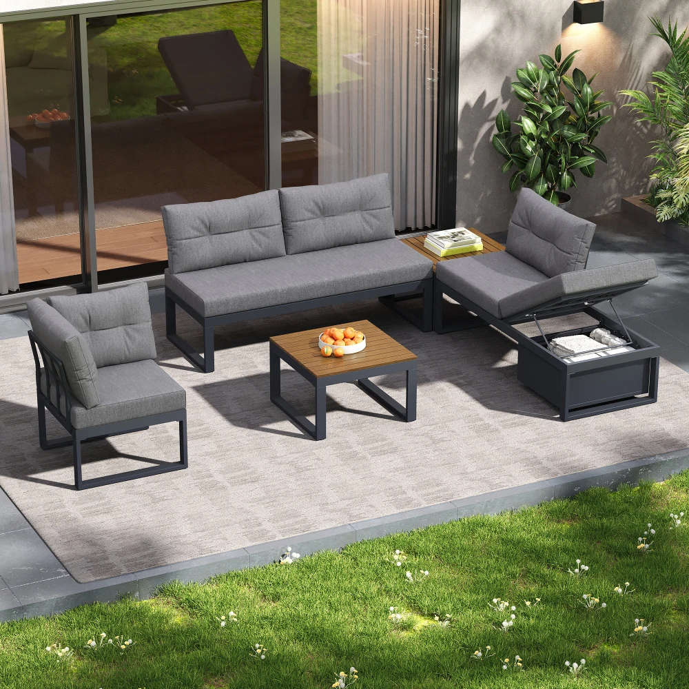Ensemble de meubles de jardin multi-usages, dossier inclinable réglable sur 3 positions, coussins épais et doux, espace de rangement intégré,