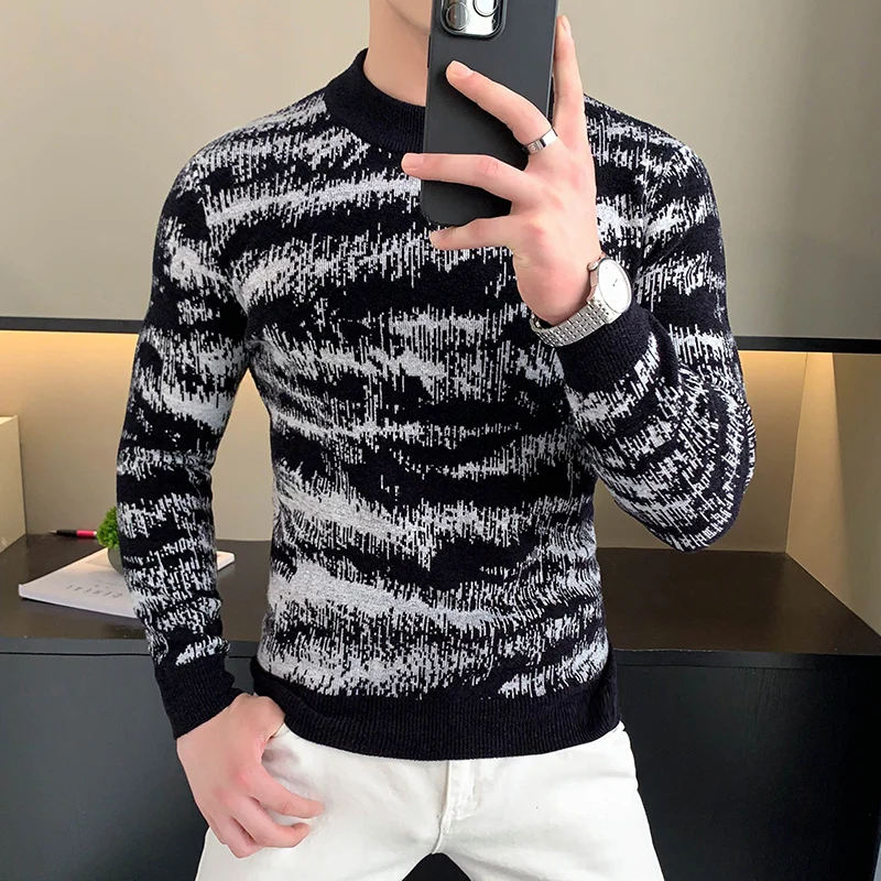 Autumn Winter Velvet Knitted Sweater Men Long Sleeve Casual Business Sweaters Comfortable Warm Versatile Social Pullover Tops