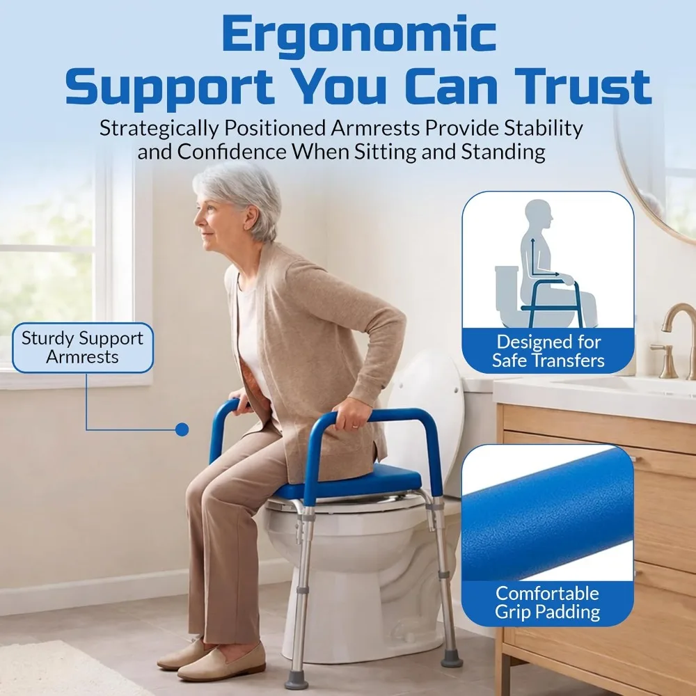 Adjustable Raised Toilet Seat with Padded Armrests, Commode Chair for Elderly Safety, Blue