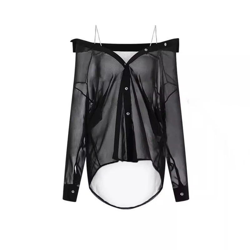 

Прозрачная тонкая блузка на бретелях в стиле секретарской униформы, женская одежда, популярная корейская одежда, недорогие рубашки и блузки