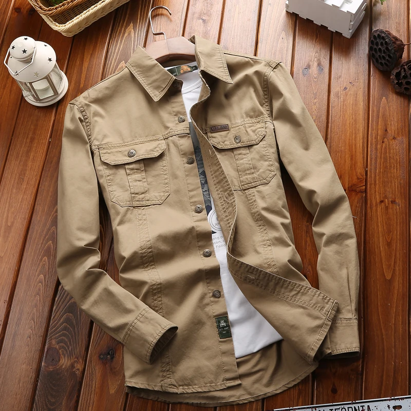 Spring and Autumn Men's Long sleeved Shirt Outdoor Leisure Cycling Sports Solid Color Flip Collar Top Retro Fashion Men's Coat