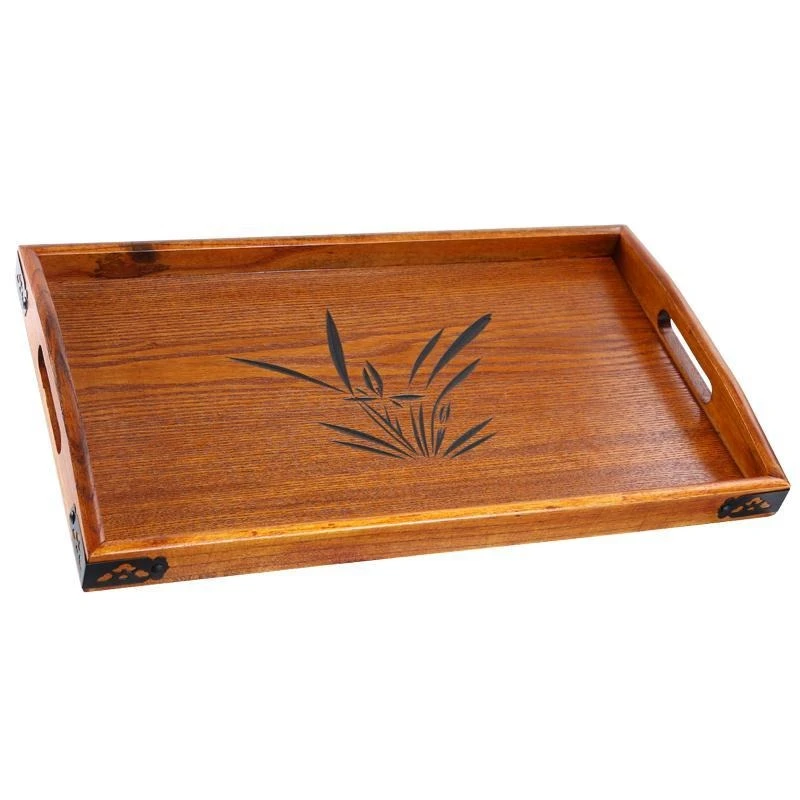 Wooden Tea Tray with Handles Orchid Pattern for Kung Fu Tea Set Home Office Serving