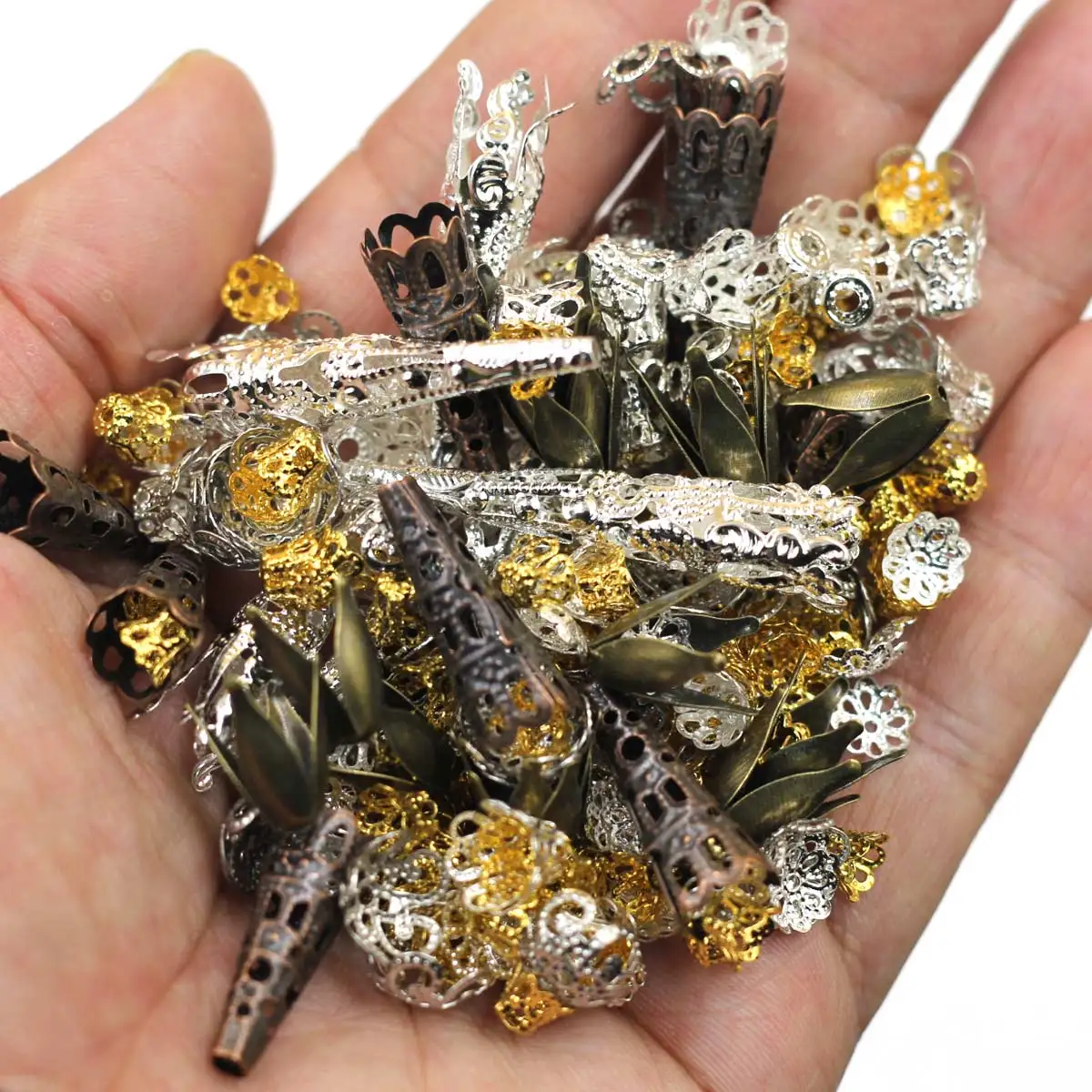

End Bead Caps Cones Flower Hollow Silver Gold Copper Bronze Tone Mixed Random Alloy