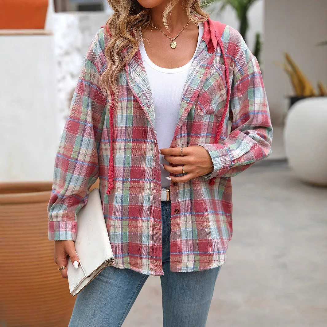 Casual Plaid Coat Straight Cut Streetwear with No Stretch Patchwork Western Style Notched Lapel Spring Long Sleeve Women Jacket