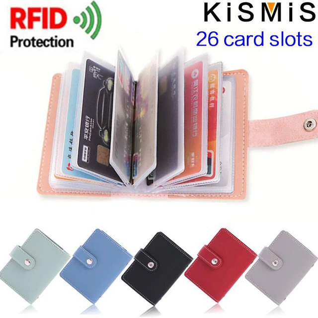 KISMIS 1PC Kobiety Mężczyźni Skórzane 26 miejsc ID Posiadacze kart kredytowych RFID Blokowanie portfela Etui Kieszonkowe