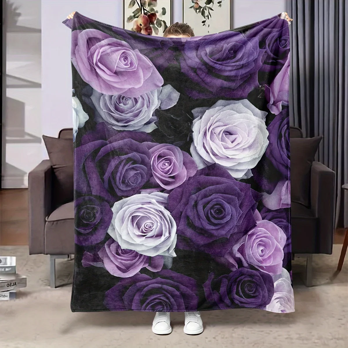 

Soft Cozy Purple Rose Print Throw Blanket for Sofa Bed Office Nap Outdoor Ideal Home Textile