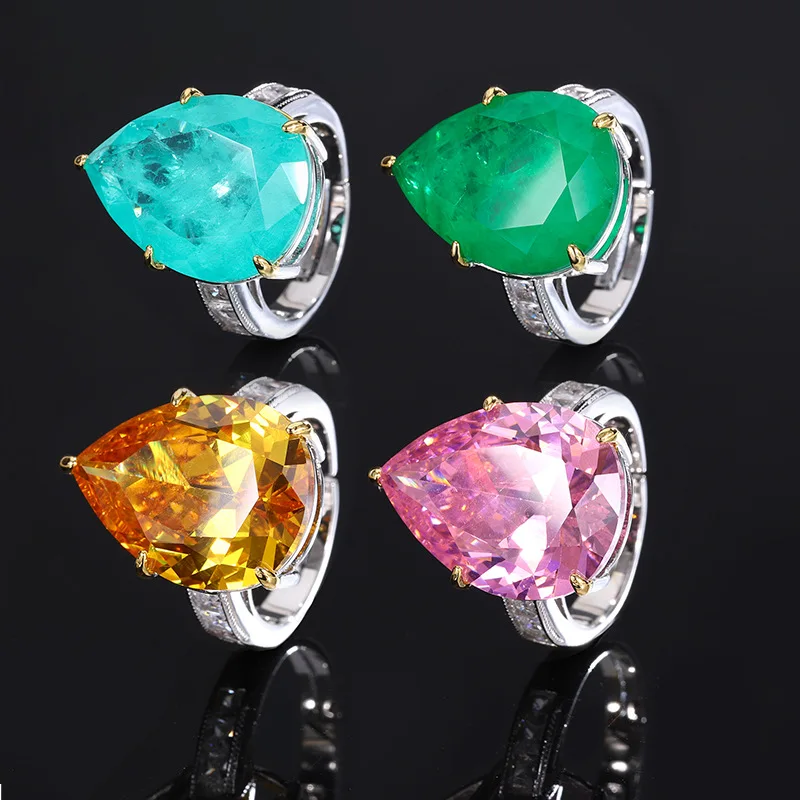 Luxury Teal Green Pink Orange Green Pear Shape Imitation Gem Open Ring Side Paved Clear CZ European American Party Dress Accesso