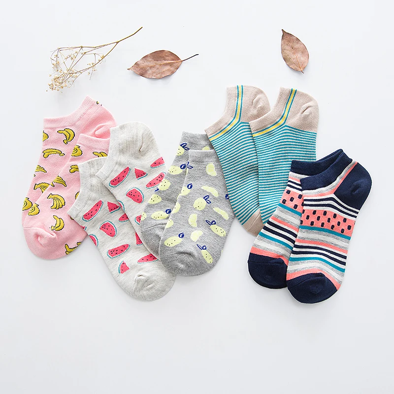

5 Pairs New Spring Summer Women Socks Cute Harajuku Fruit Banana Watermelon Stripe Casual Cotton Breathable Ankle Socks Slippers