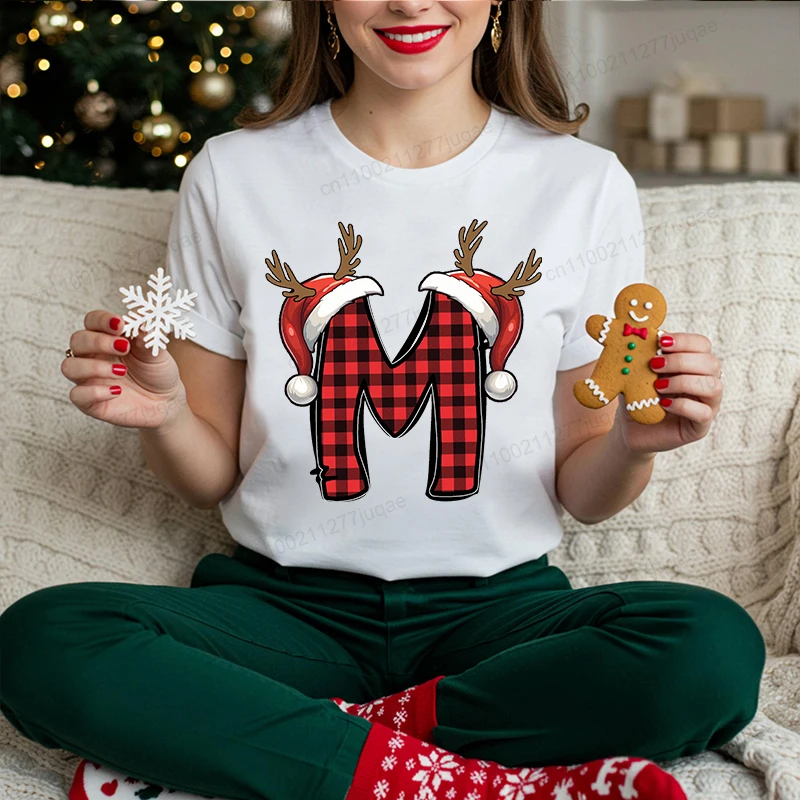 Family Christmas Reindeer Alphabet Shirts 2026 Christmas Alphabet Print TShirt for Mom Dad Kids Personalized Xmas T-shirts Gift