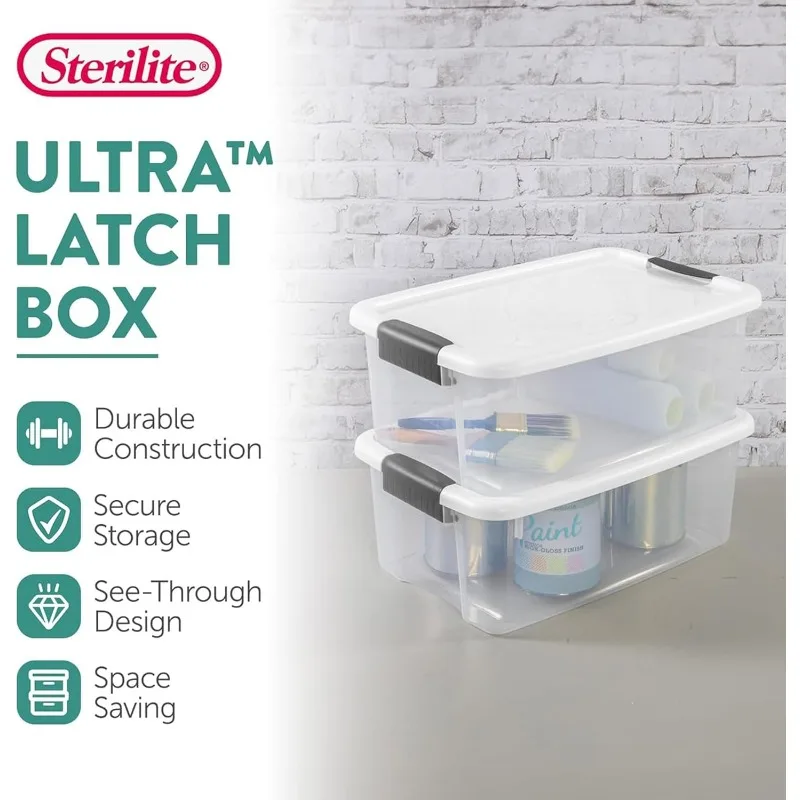 Sterilite 18 Qt Ultra Latch Box Stackable Storage Bin with Latching Lid, Organize Crafts, Clothes in Closets, Basements