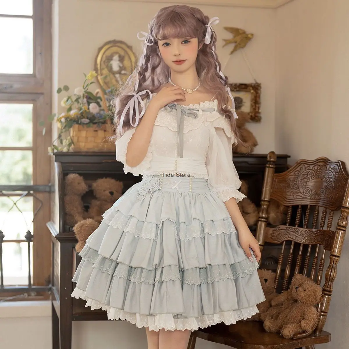 Verão Diário Bonito Lolita Split Vestido, Saia De Bolo SK De Três Camadas, Vestido Azul Kawaii, Bloomers, Nova Flor