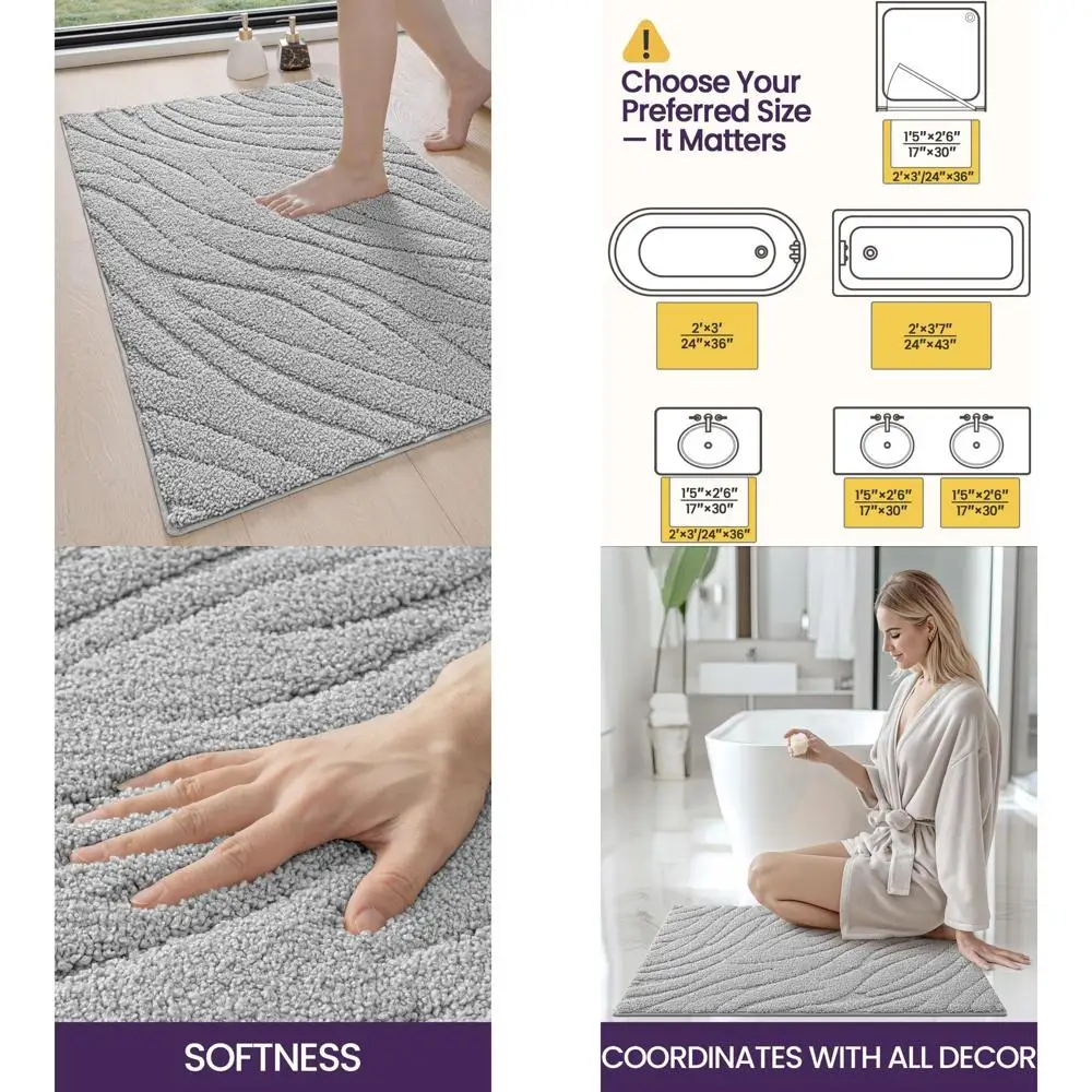 

24x43 Ultra Soft & Absorbent Bath Rug, Non-Slip Mat for Bathroom, Machine Washable Shower Floor Mat, Light Grey