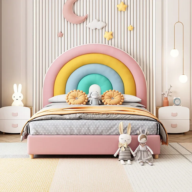 

Children's bed girl leather bed technology cloth light luxury modern simple candy color girl room solid wood bed rainbow princes