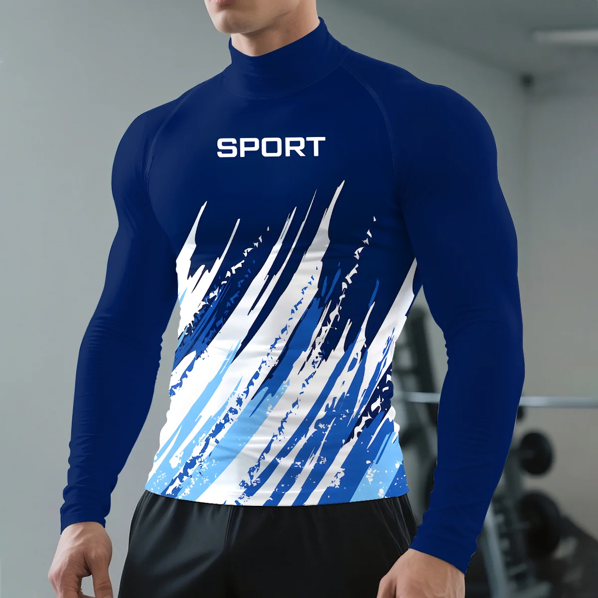 

Autumn winter new semi-high neck long-sleeved T-shirt Color splicing 3D printing men's Clothes fiteness Cycling Long-sleeved top