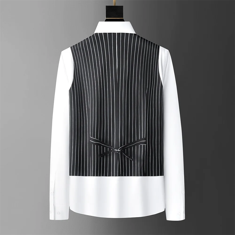 2025 Men's Shirt Fake Two-piece British Style Shirt Slim Fit Business Casual Long-sleeved Shirt Social Gathering Uniform Fashion