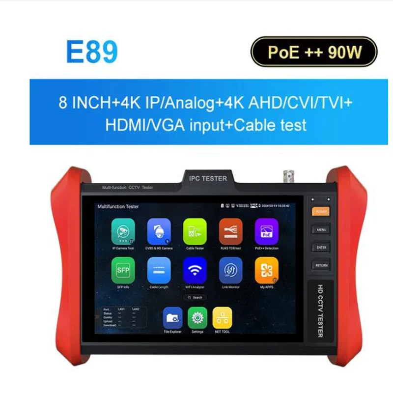 

WANGLU E89 8 inch POE++ 90W SFP 4K H.265 IP 8MP AHD/TVI/CVI CCTV Camera Tester HDMI & VGA input