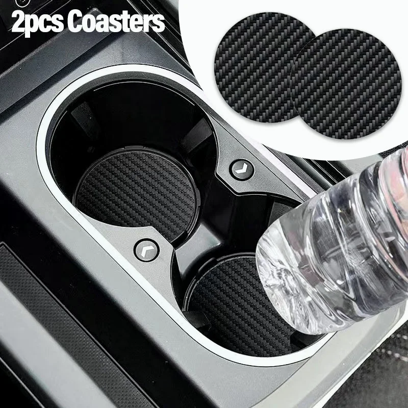 2Pcs Carbon Fiber Leather Coaster Anti-Slip Cup Holder Mat for Car Water Cup Drink Auto Interior Accessories Universal All Cars