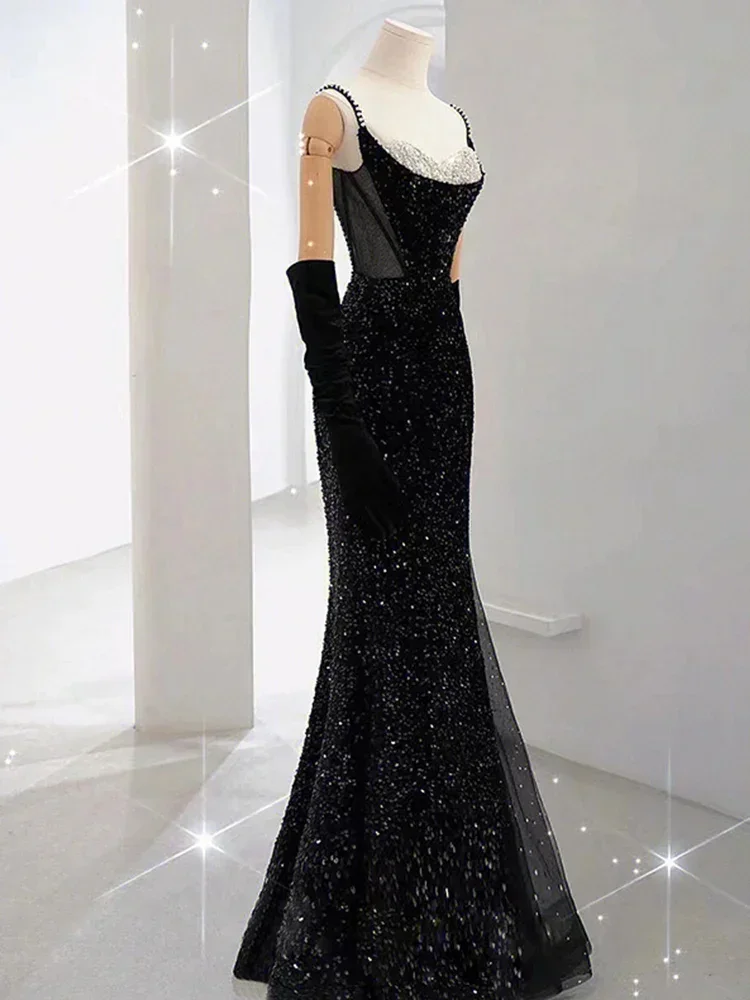 SSYFashion New Black Mermaid Evening Dress Sexy Slim Sequins Beading Glittering Fishtail Prom Party Gowns Vestidos De Fiesta