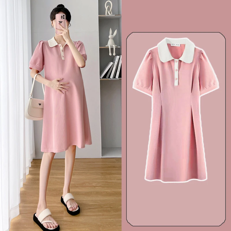 New Summer Maternity Top Belly-covering Lapel Dress Trendy Mom Summer Fashion Loose Skirt Comfortable Maternity Wear