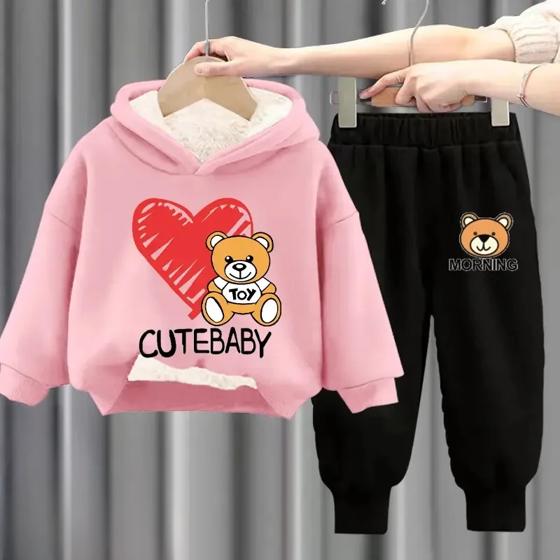 winter Boys Clothes plush warm long sleeve& trousers 2 Pieces Set Teenage Girls & Boys Printed teddy bear hoodies Fashion Casual