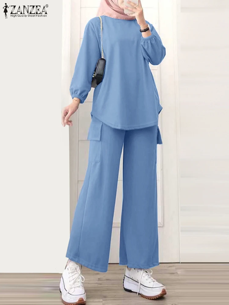 ZANZEA 여성용 이슬람 루즈 운동복, 세련된 의상, 3/4 소매 상의, 용수철 캐주얼 와이드 레그 바지 바지 세트, 이슬람 패션, 2 개