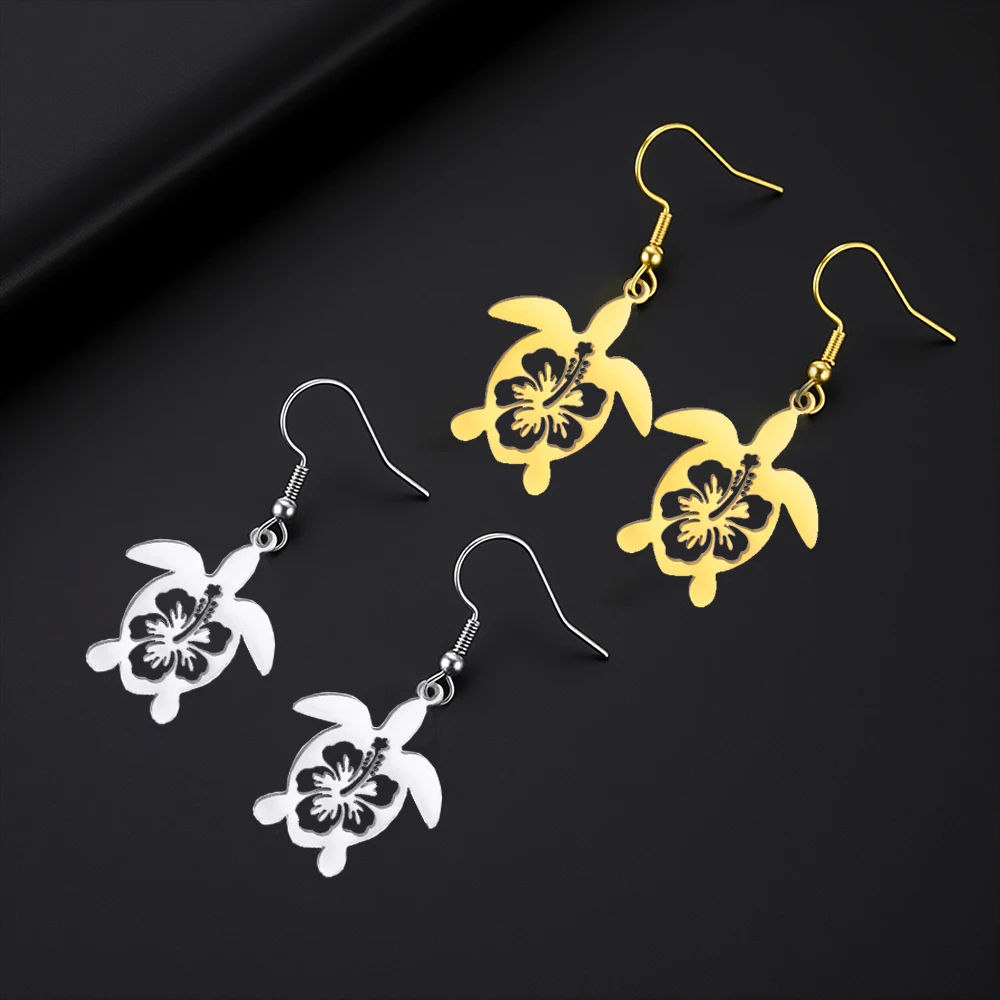 زهرة الكركديه نمط السلاحف البحرية الأقراط الفولاذ المقاوم للصدأ الأزياء الأقراط للنساء #1