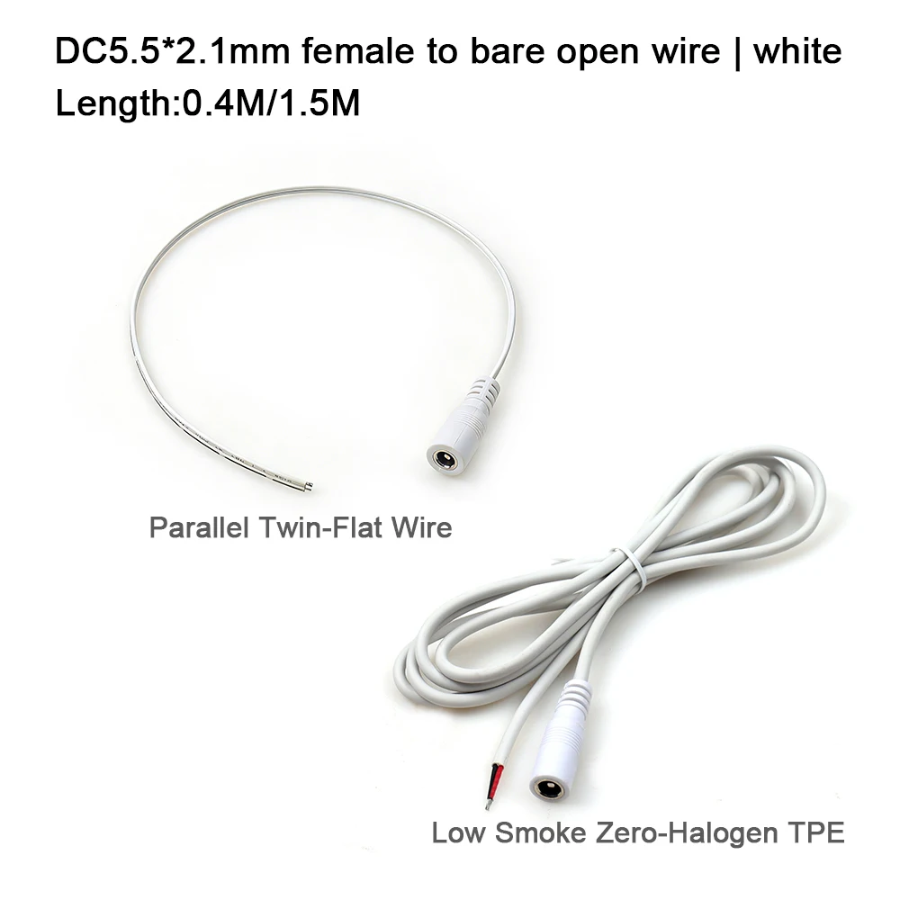 DC5.5*2.1mm female to bare open cable pvc/Low‑smoke zero‑halogen TPE jacket for LED strip lights indoor projects|white|0.4M 1.5M
