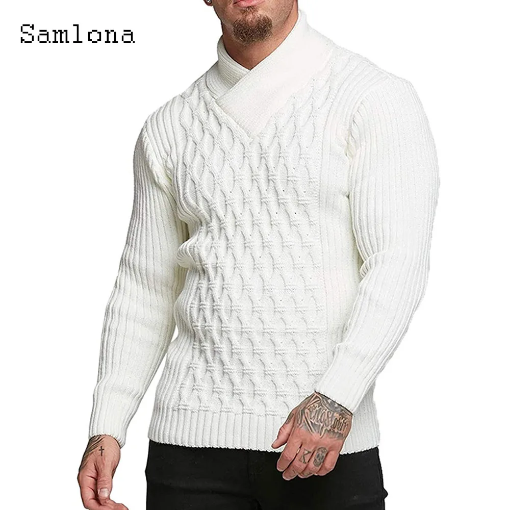 Samlona Men Autumn New Knitting Sweaters Winter Fashion Cut Out Jumpers Mens Patchwork Tops Scarf Collar Vintage Sweater 2025