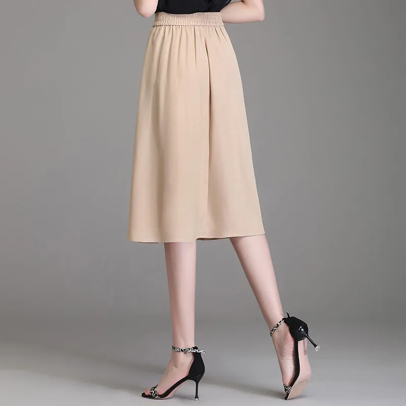 Chiffon Skirt Women's Summer Thin Fat mm Culottes a Word Show Thin Casual Wide Leg Mid Skirt Professional High Waist Skirtkhaki