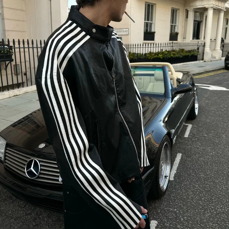 

New Y2K Jacket Hip Hop Fashion Striped Simple Zipper Leather Jacket for Mens and Womens Retro Harajuku Street Gothic Jacket Tops