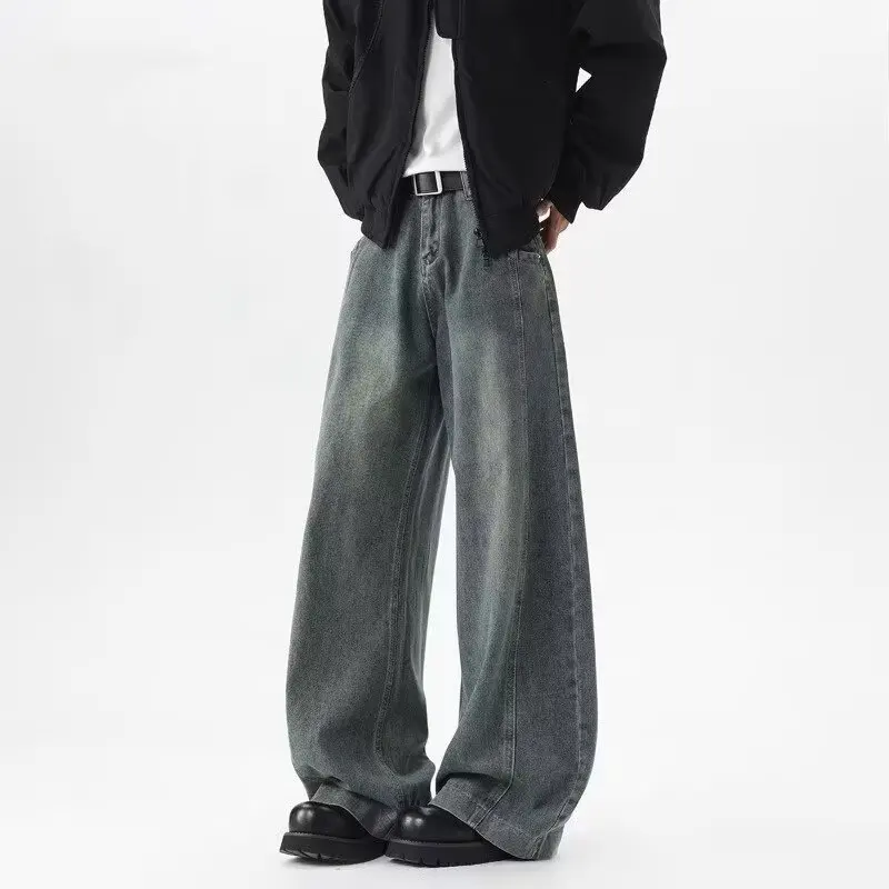 

Retro American Waed Distred Straight Leg Men's Jeans Casual Loose Wide Leg Trousers High Street Sle Men's Knife Pants