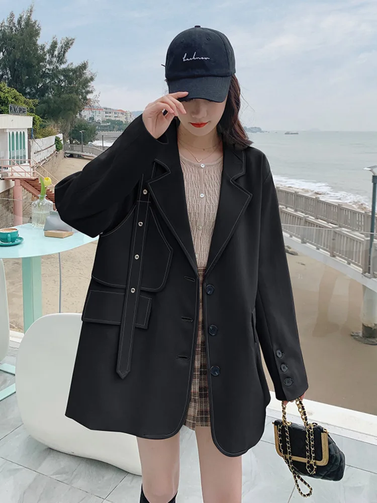 LANMREM Women Solid Color Blazer Coats Belt Decoration Notched Long Sleeve Loose 2024 Spring Female New Clothing 2I172