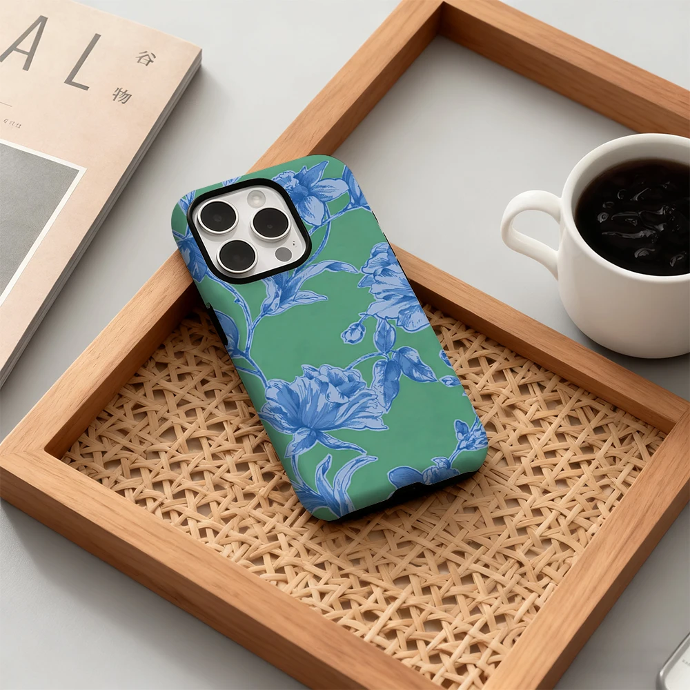 

Fashion Blue Floral Breeze Phone Case for iPhone 17 16 15 14 13 12 11 Pro Max Air Plus Luxury Double-layer Back Cover