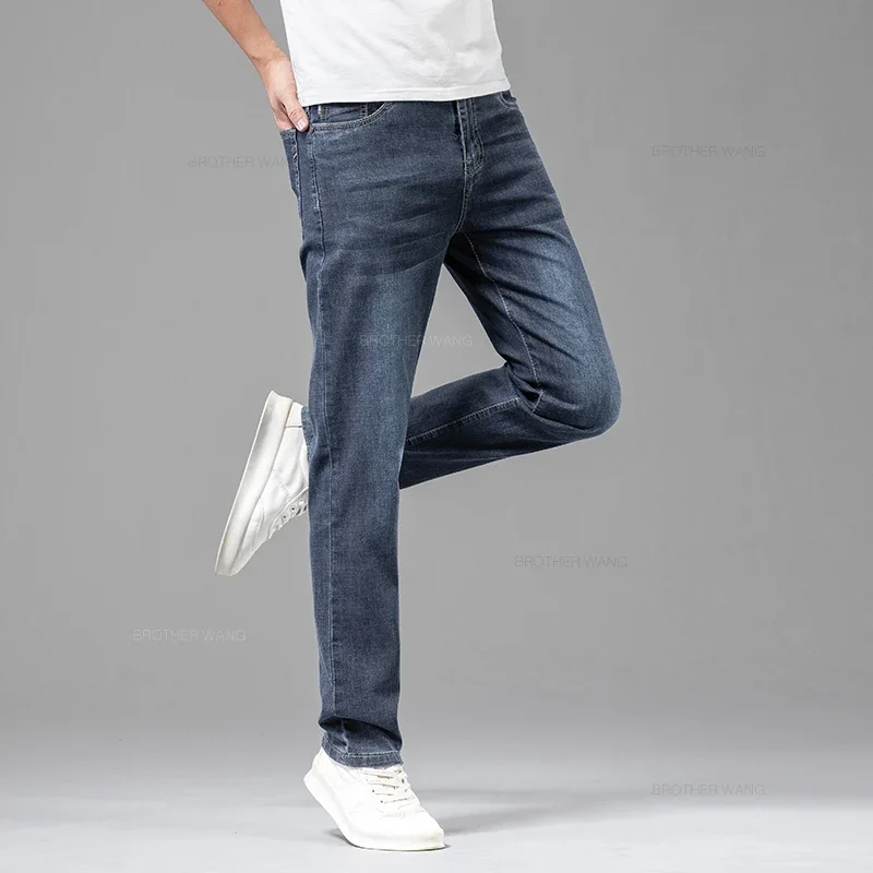 Zomer dunne heren elastische katoenen jeans mode grijze comfortabele zakelijke rechte casual broek merk mannelijke kleding broek