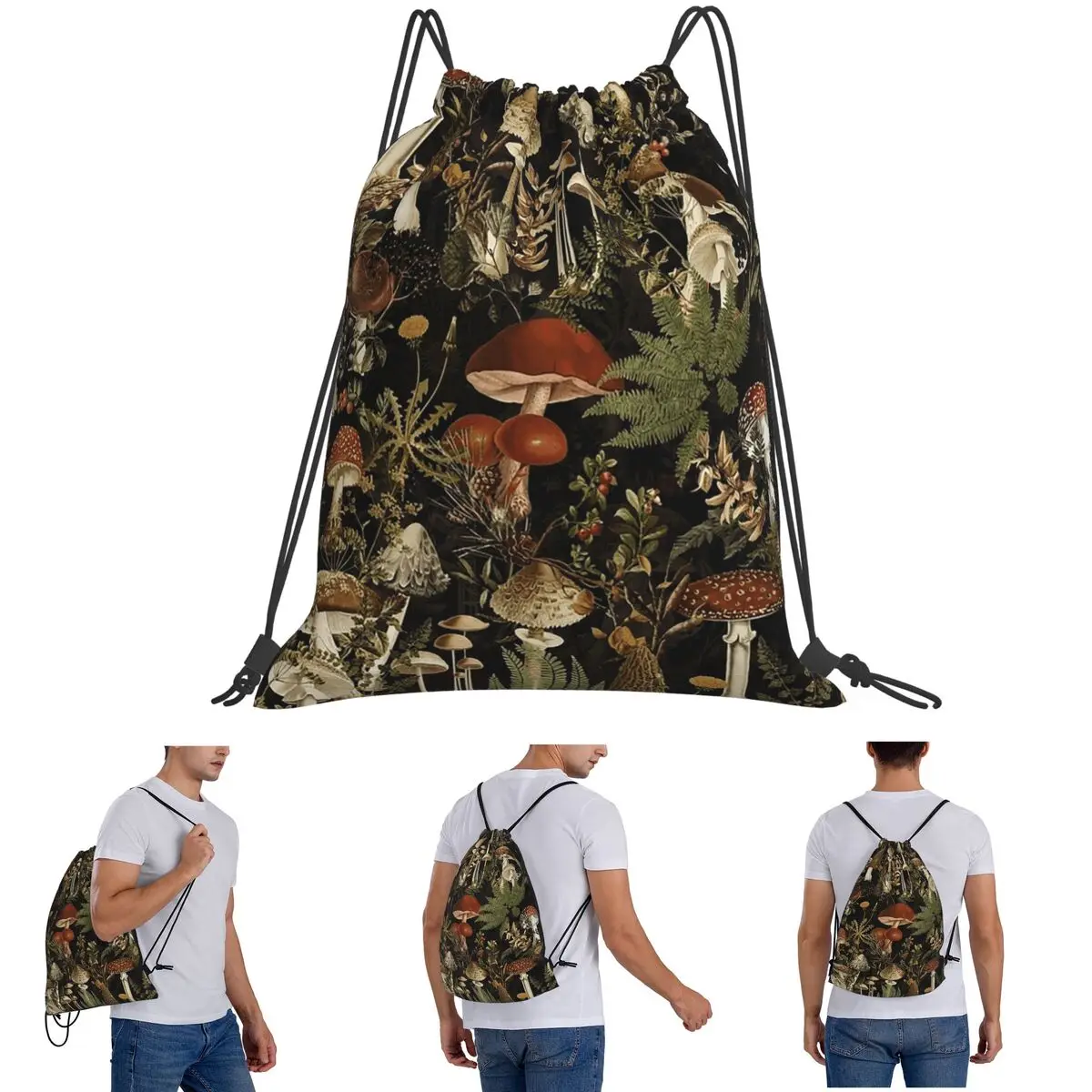 Midnight Mushrooms Forest Botanical Night Garden Backpacks Multi-function Drawstring Bundle Pocket Sports Bag Book Bags Students