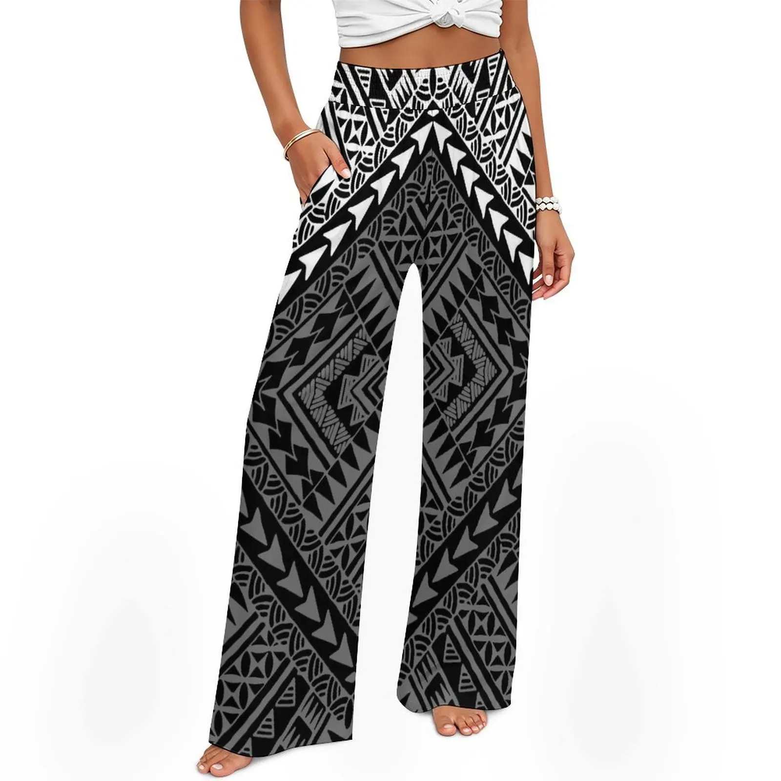 

Comfortable And Breathable Custom-Printed Polynesian Women'S Summer Stretch High-Waisted Wide-Leg Pants With Pocket Design
