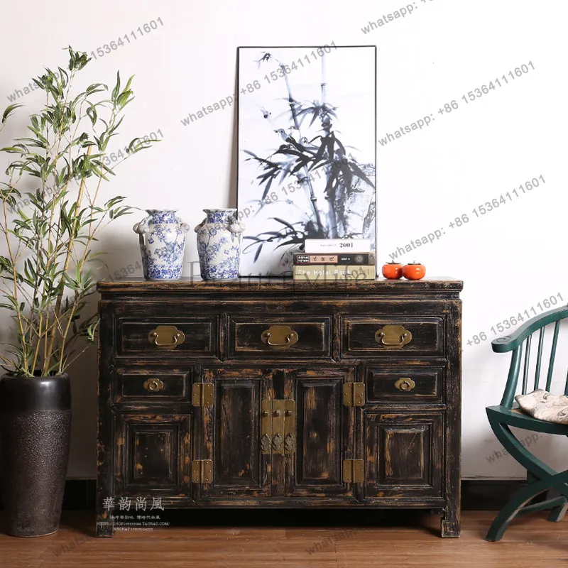 PG neoclassical antique black dining side cabinet log decorative porch storage elm multi-purpose cabinet