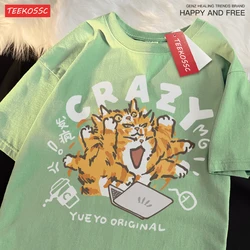 Crazy Orange Cat Light Green Funny Cat Work Shoulder Drop Short Sleeve T-shirt For Women Casual Pure Cotton Loose Fit Tees New