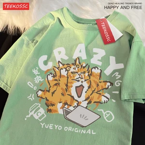 Crazy Orange Cat Light Green Funny Cat Worker Bỏ thả tay áo ngắn T -Shirt cho người phụ nữ bình thường cotton nguyên chất 12 Quần áo bán hàng chính Orange - 7