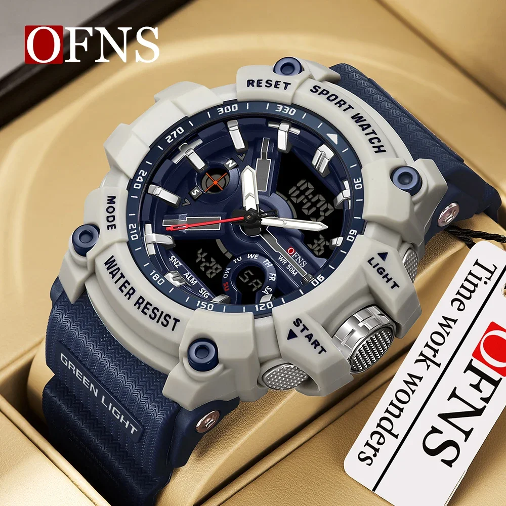 OFNS jam tangan militer 3179 kasual pria, arloji olahraga kasual tahan air 50M quartz layar ganda bercahaya Reno Masculino