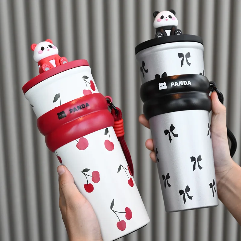 

750Ml New 316 Liner Car Panda Thermos Cup, Vacuum Flasks Suitable for All Seasons, Portable Lanyard Car Cup Water Bottle Gift