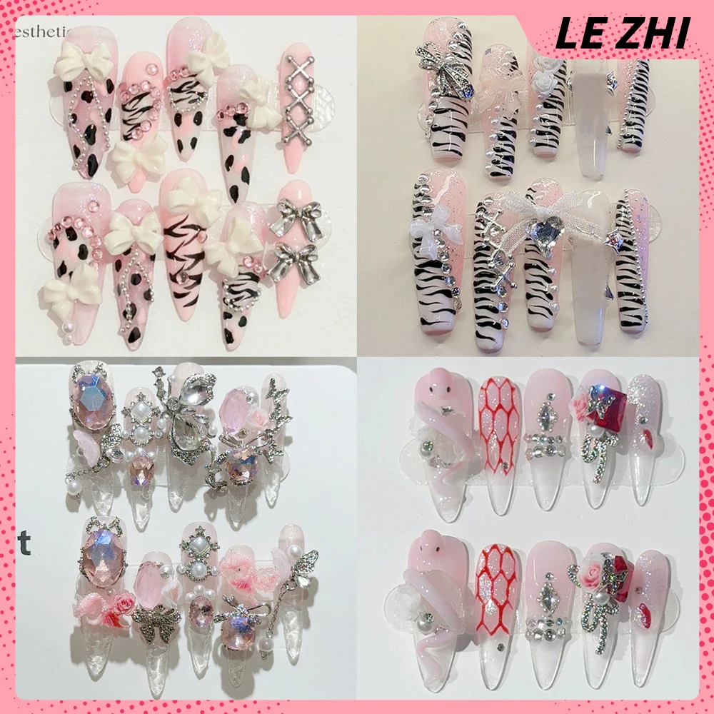 

10Pcs Sweet Cool Long Coffin Stilettos Handmade Full Cover Nails Butterfly Bowknot Flower Pearl Diamond Stripes Press On Nails